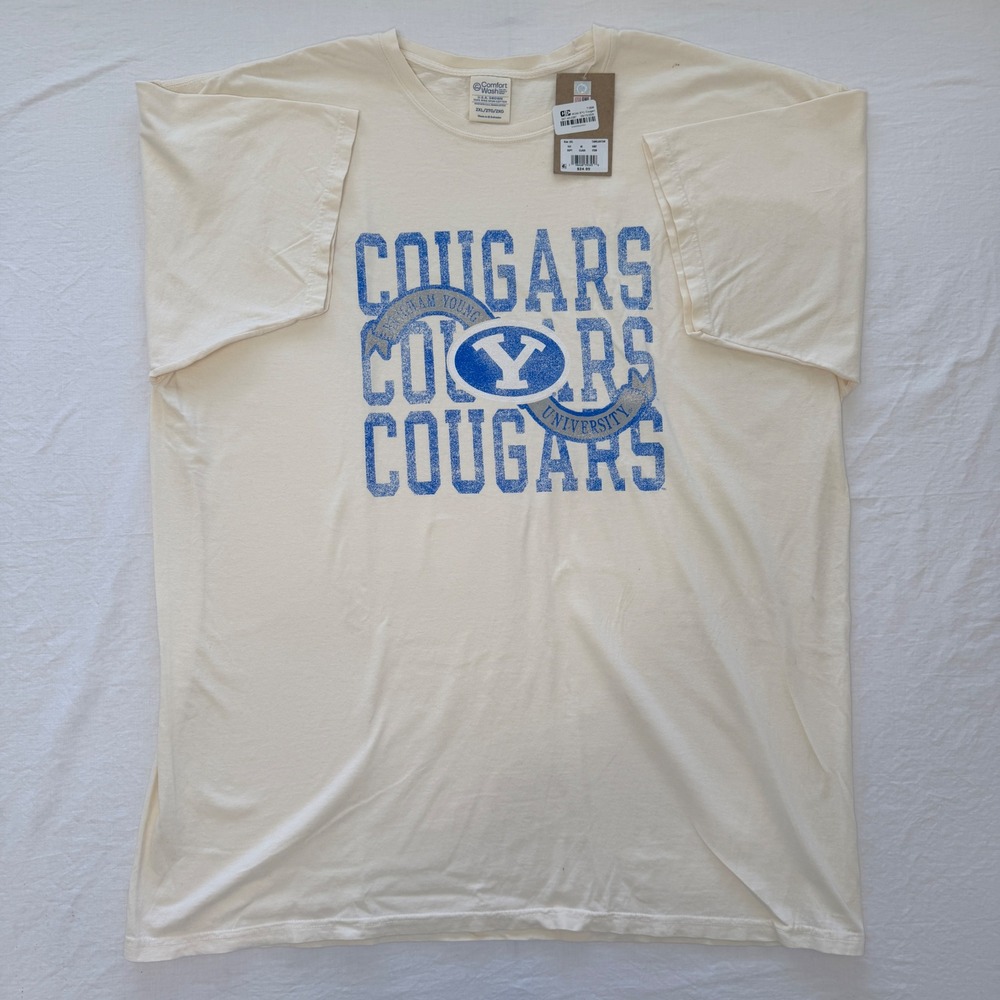 BYU Cougars Comfort Wash T Shirt Mens 2XL Cream Distressed Logo NWT NCAA